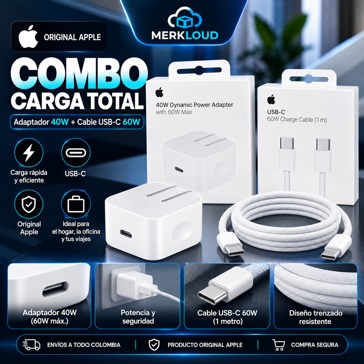 Cargador Apple USB-C 40 W + Cable 60 W de 1 Metro