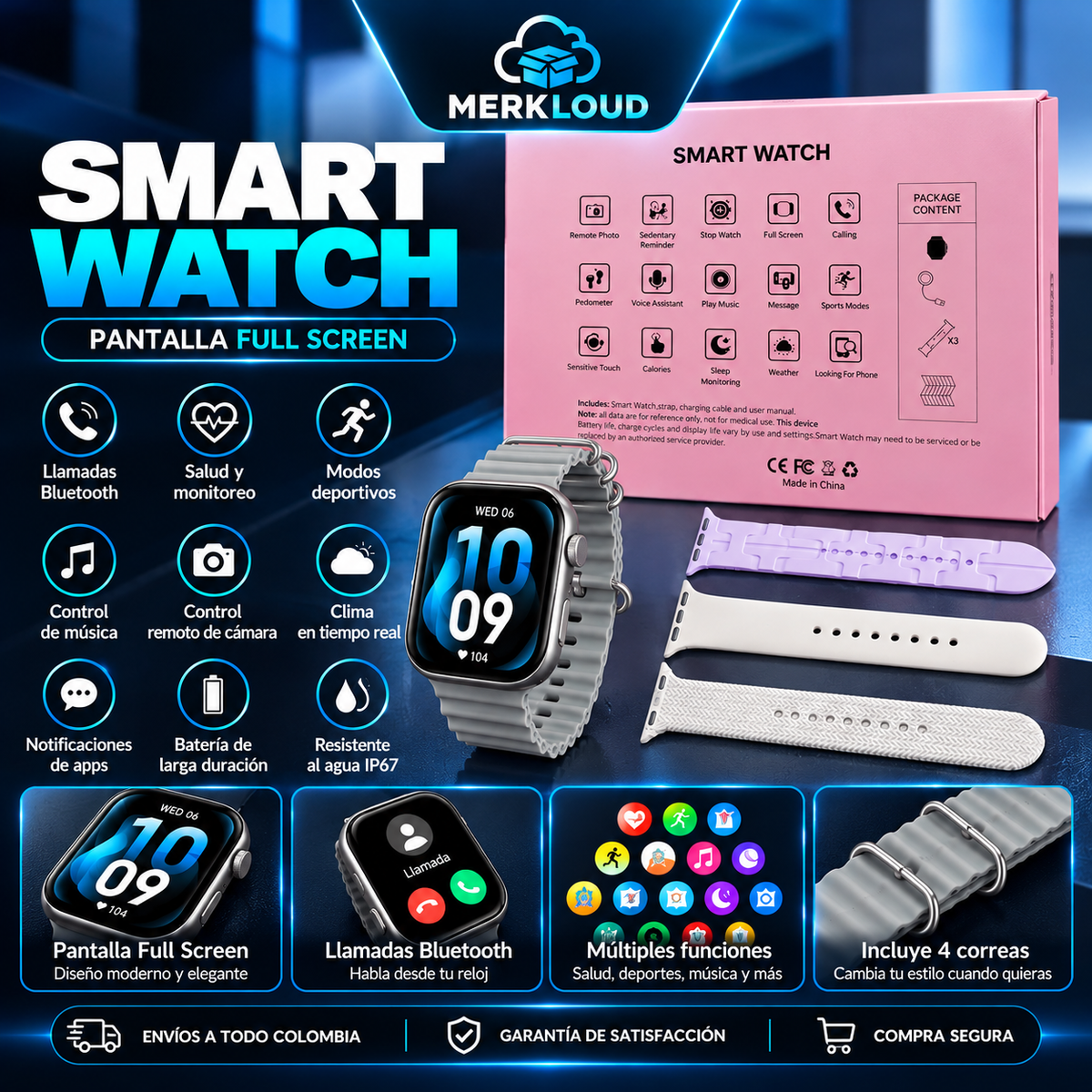 Smart Watch Full Screen + 4 Correas Intercambiables